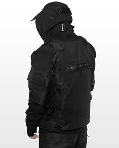 เสื้อแจ็คเก็ตผ้าแคนวาสแบบไม่มีปกสำหรับผู้ชาย สไตล์ Techwear สีดำ มีฮู้ด หลายกระเป๋า แบรนด์ Oem High Street - Product Image 4