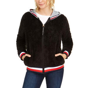 Felpa con cappuccio nera in finta sherpa da donna Tommy Hilfiger, taglia M, invernale, foderata, con cerniera, anti-pilling, per tutti i giorni - Product Image 1