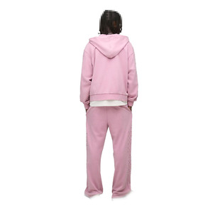 <b>Men's</b> <b>Pink</b> Fleece Hoodie Jogger Set with Micro Stud Detailing Zip Front Hooded Tracksuit for OEM Wholesale - Product Image 2