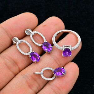 Conjuntos de joyería fina de moda para mujer en joyería de plata de ley 925 viene con pendientes y anillo colgantes de piedras preciosas de amatista natural - Product Image 3