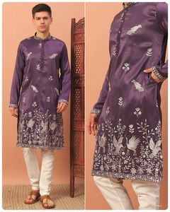 Pyjama Kurta en rayonne de soie et coton de qualité supérieure pour hommes avec paillettes brodées pour les fêtes et le style traditionnel Diwali - Product Image 4