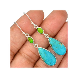 Boucles d'oreilles pendantes pour femme, pierre Turquoise naturelle, argent Sterling 925, bleu, style bohème - Product Image 1