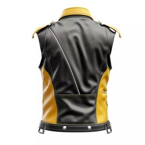 Men's Yellow And Black Genuine Leather Biker Vest Sleeveless Motorcycle <b>Jacket</b> Zip Up <b>Punk</b> Moto Waistcoat With Multiple Pockets - Product Image 6