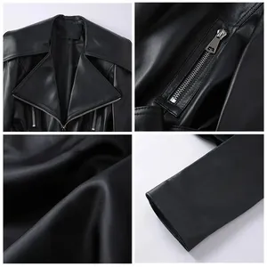 Blouson de moto en soie sur mesure pour femme, cuir véritable écologique, service ODM/OEM, style hip-hop streetwear, fourrure, style moto - Product Image 3