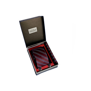 Gift Box Set Burgundy Navy Blue & <b>White</b> Striped Jacquard Woven Tie <b>Pocket</b> <b>Square</b> & Cufflink Set in PU Leather - Product Image 6