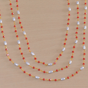 <b>Best</b> Quality Gold Plated Rice Pearl & Red Glass Beads Rondelle Rosary Chain. Brass Wire Beaded Chain for Jewelry Making - Product Image 4
