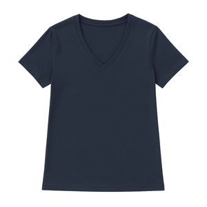 Camiseta de Manga Corta con Cuello en V Azul Marino para Mujer, 100% Algodón Orgánico, Ecológica, Certificada por GOTS, Suave, Transpirable y Ajustada - Product Image 1