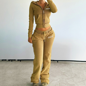 Survêtement deux pièces à broderie dégradée 100% coton, délavé à l'acide, sweats à capuche zippés et pantalons de survêtement pour femmes - Product Image 5