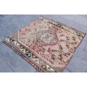 Vintage Rug, 5.1x4.9 ft Turkish Rug, <b>Brown</b> Pink Patchwork <b>Wool</b> Rug - Product Image 2