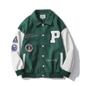 Chaqueta universitaria ligera de colección de invierno al por mayor, parches con diseño de logotipo personalizado, cierre con botones, tejido lavado procesado - Product Image 6