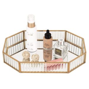 Luxury Octagon Gold Mirror Glass Decorative <b>Tray</b> | Fluted Glass Cosmetic Organizer | Elegant Vanity Perfume <b>Jewelry</b> Display <b>Tray</b> - Product Image 1