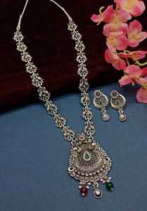 DERNIER DESIGNER À LA MODE ABD TRADITIONNEL OXYDSIDE ARGENT NOIR MENTAL BIJOUX LONG PENDENTIF COLLIER ENSEMBLE POUR FEMMES ET FILLES - Product Image 3