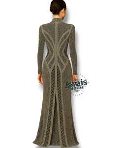 Robe de soirée longue à col rond et taille empire, personnalisable en gros, ornée de perles, de diamants ou de cristaux, avec soutien-gorge intégré - Product Image 2