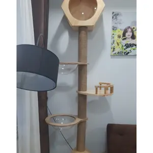 Wooden cat climbing tower with multiple platforms