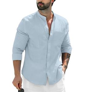 Hauts à manches longues en lin et satin pour hommes, chemises à revers confortables et décontractées pour la plage, couleur unie, mode estivale - Product Image 5