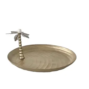 Palm Tree Gold Plated Chocolate Tray Trending Design Round Shape Aluminium Food Serving Tray For Home and Kitchen Usage