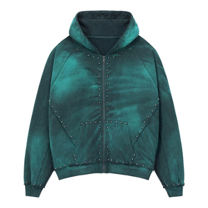 Sudadera con cremallera OEM personalizada, efecto desgastado, estilo urbano, funcional, lavado ácido, para hombre, con remaches, pedrería, de gran gramaje, 100% algodón - Product Image 4