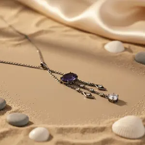 Collier pendentif en argent 925 avec rubis, plaqué rhodium, charme fait main, bijoux en or rose et améthyste, cadeau pour femme - Product Image 1