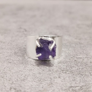 Joyería de piedra en bruto Anillo de mujer Piedra preciosa de amatista cruda natural Piedra natal de Febrero Joyería de piedra ancha vintage Anillo de plata esterlina 925 - Product Image 1