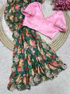 Belle lourde Chinon vert Sari dernière exclusive élégante Blouse ethnique fantaisie fête mariage vêtements de mariée femmes les plus vendus - Product Image 2