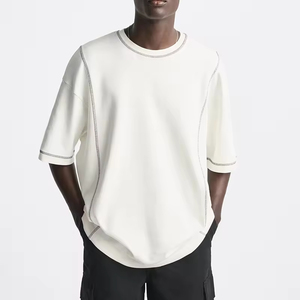T-shirt personnalisé pour hommes 100% coton contraste garniture t-shirt streetwear surdimensionné col rond épaule tombante t-shirt lourd pour hommes - Product Image 5