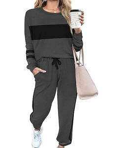 Ensemble de survêtement athlétique en velours respirant 2 en 1 pour femmes automne motif solide sweat à capuche zippé rayures pantalons de survêtement tenue avant - Product Image 1