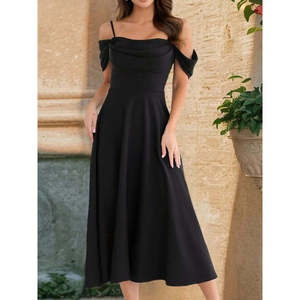 Robe longue évasée en crêpe importé pour femme, à bretelles, épaules dénudées, décolleté cœur, 37501 - Noir - Product Image 2