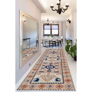 Tapis imprimé bleu marine - Motif anatolien, doux, adapté aux animaux domestiques, antidérapant, tapis en chenille - Product Image 5
