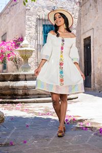 Classique Vintage mexicain coton robe filles magnifique jolies fleurs brodées à la main vibrant broderie dentelle plafonné manches - Product Image 2