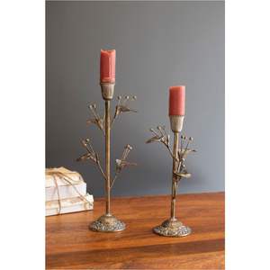 Porte-bougie en métal rustique à tige florale, fait à la main, décoratif, bougeoir pour mariage et salon, base de pilier vintage dorée - Product Image 1