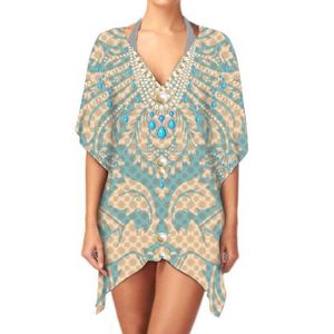 Cómodo y elegante vestido caftán con cuello en V para mujer, tela transpirable, estampado Digital, ropa de playa de una pieza, ropa de verano corta informal Sexy - Product Image 6