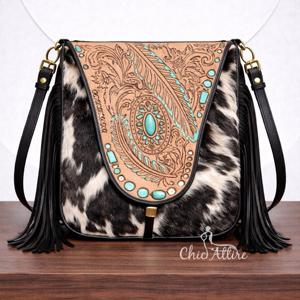 Wholesale Hand Tooled Carving Leather <b>Fringe</b> Handbag Cowhide Fur Gypsy Boho Vintage Handmade Shoulder Cross Body Stylish Bags - Product Image 1