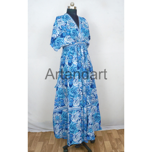 Robe en coton imprimé floral fait à la main pour femmes longue col en V Midi manches courtes taille naturelle pour les fêtes cadeau de demoiselle d'honneur - Product Image 3