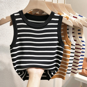 Camisola de estilo Vintage de verano para mujer, chaleco a rayas sin mangas con cuello redondo, Top de punto ajustado de Color sólido - Product Image 4