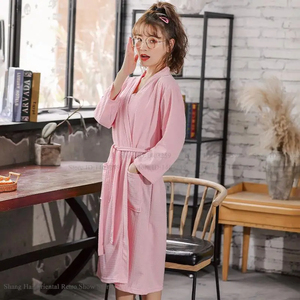 <b>Waffle</b> Female <b>Bathrobe</b> Kimono Gown Loose Casual Soild Robe Home Dressing Gown Sexy V-Neck Sleepwear Loungewear - Product Image 3