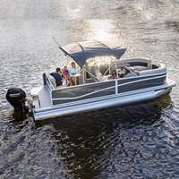 Bateau ponton à vendre avec bimini, en aluminium, pour la pêche en famille, sièges, mobilier, moteur hors-bord, loisirs fluviaux