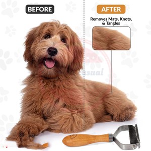 Pet Dematting Comb for Dogs and Cats with <b>Wood</b> Handle\Deshedding Undercoat Rake for Dogs with Stainless Steel Blades - Product Image 3