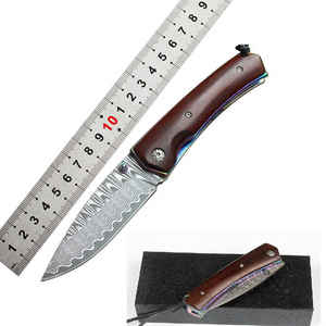 Cuchillo plegable con mango de madera de acero damasco para acampar al aire libre, cuchillo de caza, cuchillo de bolsillo - Product Image 5