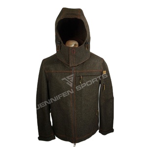 Chaqueta de caza personalizada de alta calidad para hombre con capucha, tela de concha, 100% de lana, cierre de cremallera, bolsillos delanteros, etiqueta tejida para el cuello interior - Product Image 1