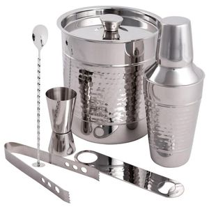 Ensemble d'outils de bar en acier inoxydable au design martelé avec finition miroir, idéal pour la préparation de cocktails fluides - Product Image 1