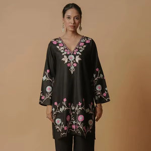 Traditional Kashmiri Arri Work Cotton <b>Kurta</b> <b>for</b> <b>Women</b> Black with Multicolor Embroidery Pakistani Indian Style <b>for</b> Summer Parties - Product Image 1