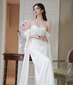 Elegant Strapless <b>White</b> Evening Gown with <b>Draped</b> Cape Timeless Glamour Made in Vietnam - Product Image 3