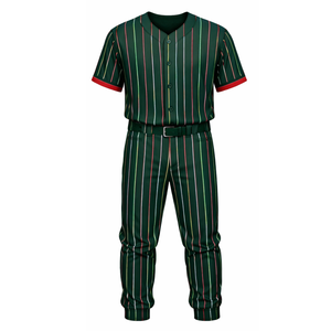 ชุดยูนิฟอร์มเบสบอลแบบซับลิเมชั่นสำหรับผู้ชาย OEM สีเขียวป่าลายทางหลากสีพร้อมแถบสีแดงที่แขนเสื้อและกางเกงเข้าชุด - Product Image 2