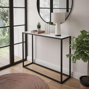 Table console moderne mince en métal avec surface en verre, parfaite pour l'entrée élégante du salon et la décoration de bureau - Product Image 2