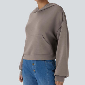 Sweat-shirts à capuche surdimensionnés pour femmes, personnalisables avec logo, en molleton épais uni, coupe courte, épaules tombantes, style streetwear, vente en gros - Product Image 5