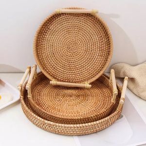 Customized Colors Round Rattan Display <b>Tray</b> <b>Circle</b> Natural Wicker Serving <b>Trays</b> Wholesale Ready to Ship - Product Image 3