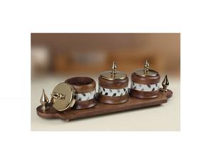 Ensemble de 2 bols en bois de luxe moderne écologique White Royals, design MOP, plateau de haute qualité, poignée en métal, pour servir des dattes et des fruits - Product Image 2