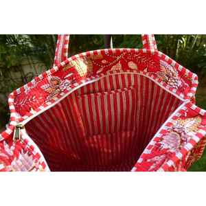 Sac fourre-tout Bohomin rouge imperméable à l'eau, motif floral bohème, avec fermeture éclair, design brodé à la main, coton à fibres longues de qualité supérieure, 20 kg, unisexe - Product Image 2