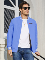 Blouson Bomber Homme Bleu Fin en Toile Longue Hiver Couleur Unie Fermeture Éclair Col Montant Coupe-Vent Décontracté Extérieur Brodé