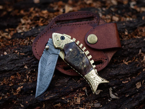 Beautiful Custom Handmade Damascus Steel Folding <b>Knife</b> Leather Sheath <b>Bone</b> Wood <b>Handle</b> Industrial Pocket <b>Knife</b> OEM Supported - Product Image 3
